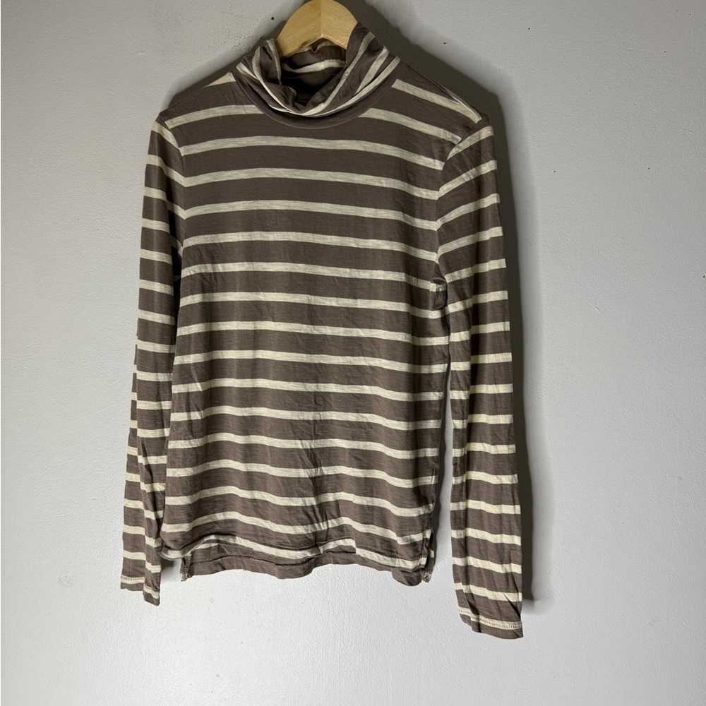 Madewell Brown Cream Stripe Turtleneck Long Sleeve T-shirt Medium